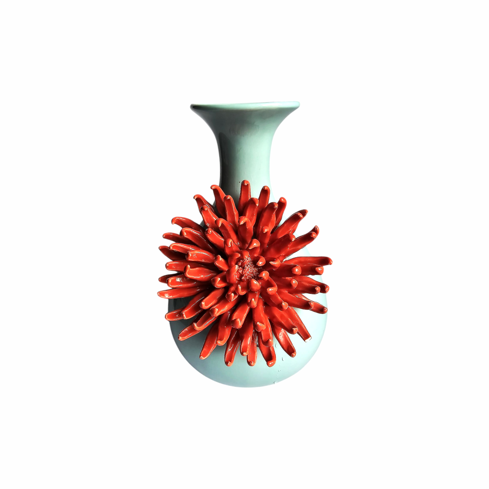 Aqua  and Red Chrysanthemum Ceramic Vase - Anthropologie - Re:Velvet