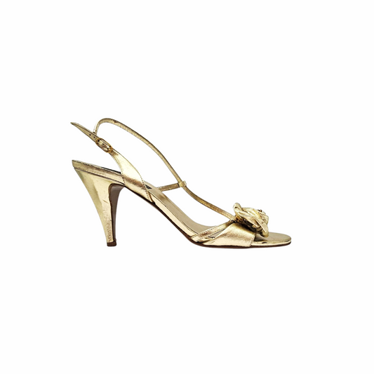 Flower Embellished Strappy Leather Gold Sandals - Claudia Ciuti