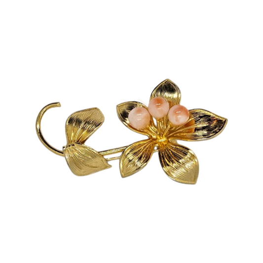 Vintage 1960s Gold Plated and Enameled Natural Coral Brooch - Re:Velvet