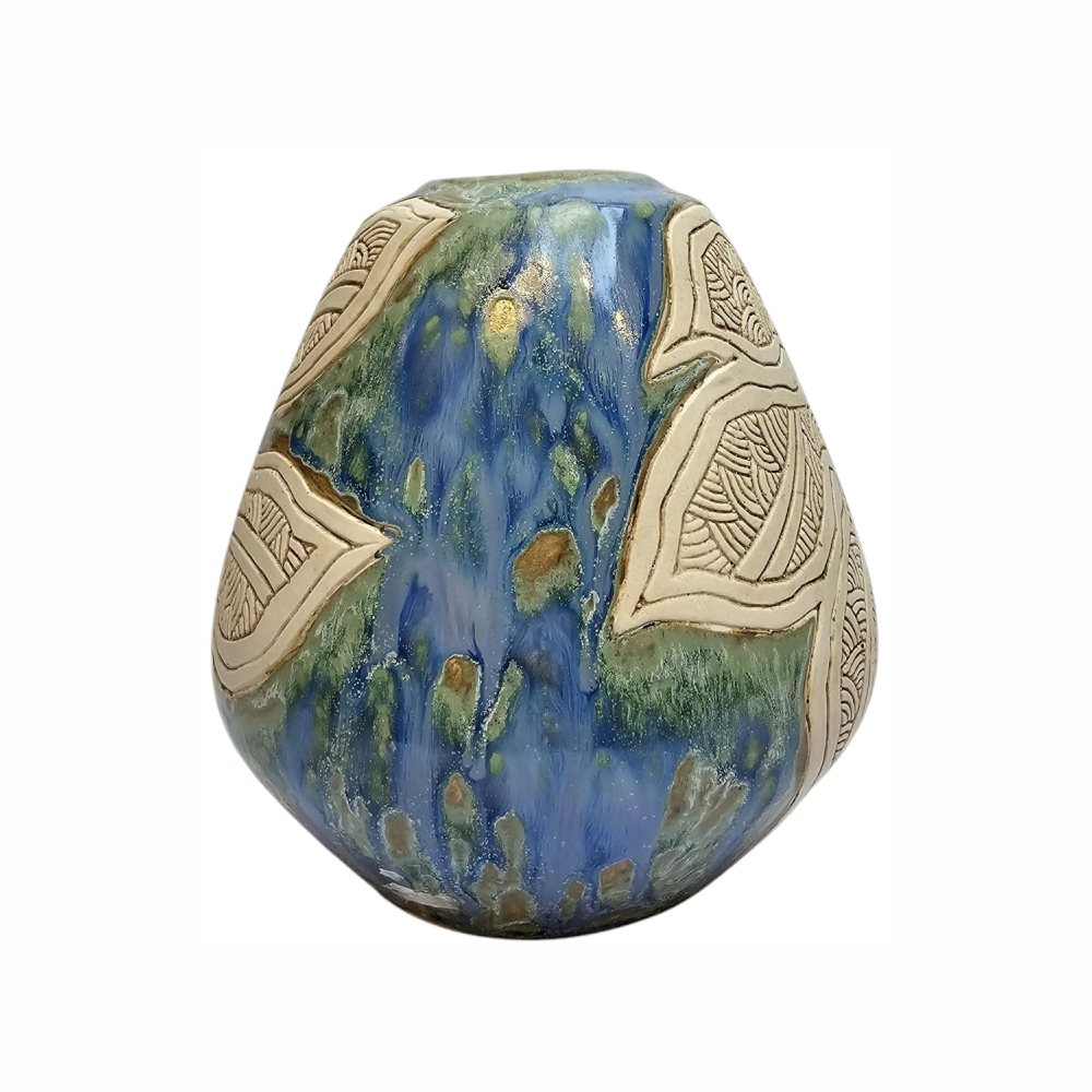 Hand-made Asian Sgraffito Ceramic Vase with Batik Design - Tenmoku