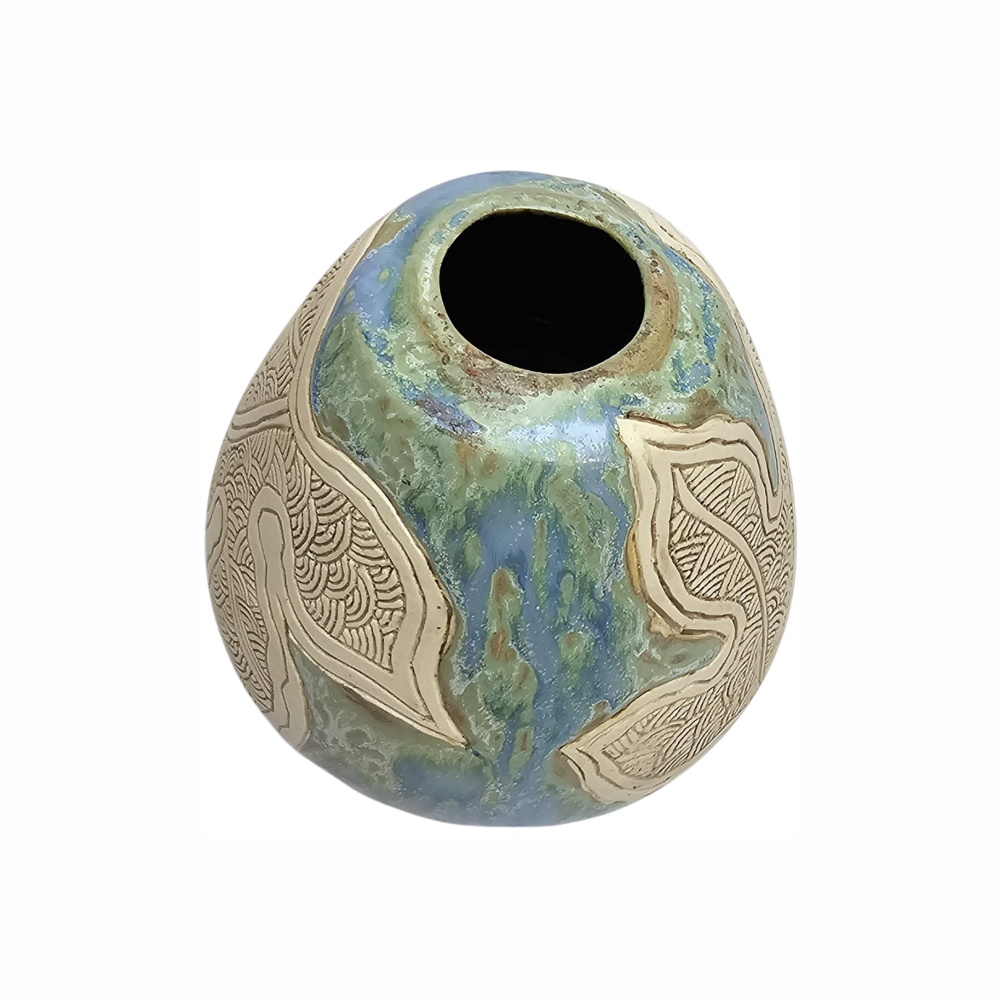 Hand-made Asian Sgraffito Ceramic Vase with Batik Design - Tenmoku