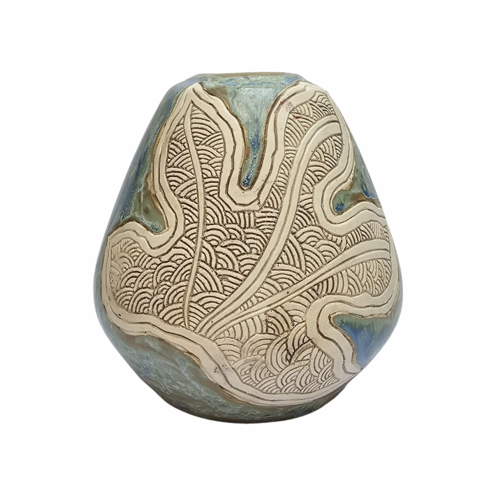 Hand-made Asian Sgraffito Ceramic Vase with Batik Design - Tenmoku